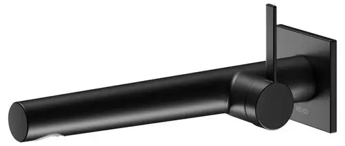 Schwarzer Wandmischer von Keuco mit geradem Auslauf und seitlich angebrachter Bedienung. Das Design ist modern und reduziert, geeignet für Badezimmerinstallationen.